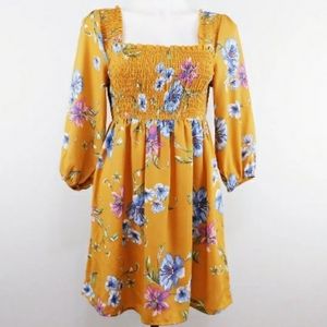 Xhilaration Blue Pink White Mustard Gold Floral Babydoll Dress Medium